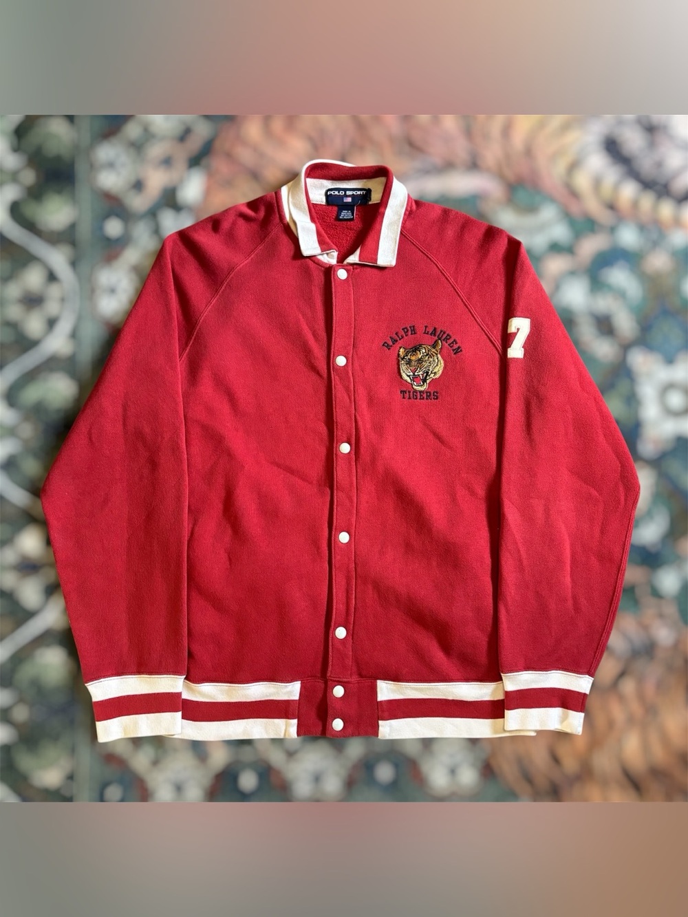 Vintage 90s Polo Sport RL Tigers Varsity Jacket Embroidered Red Large Preppy
